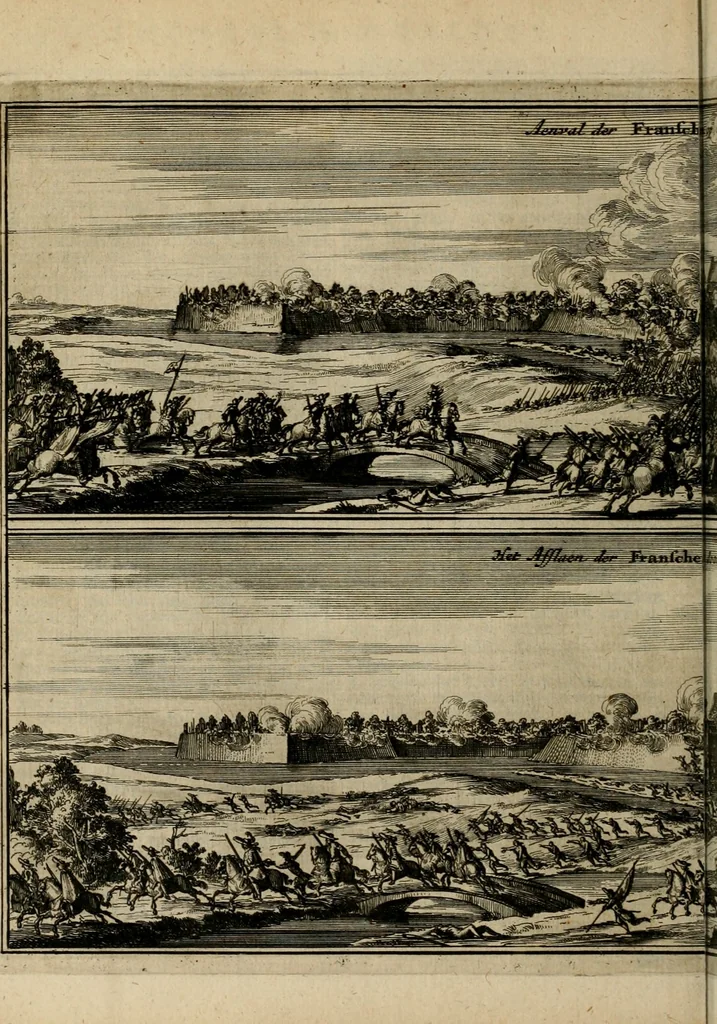An illustration from Tooneel des oorlogs, opgerecht in de Vereenigde Nederlanden : door de wapenen van de koningen van Vrankryk en Engeland, Keulsche en Munstersche Bisschoppen : tegen de Staten der Vereenigde Nederlanden, en hare geallieerden ..., 1675, leaf 601