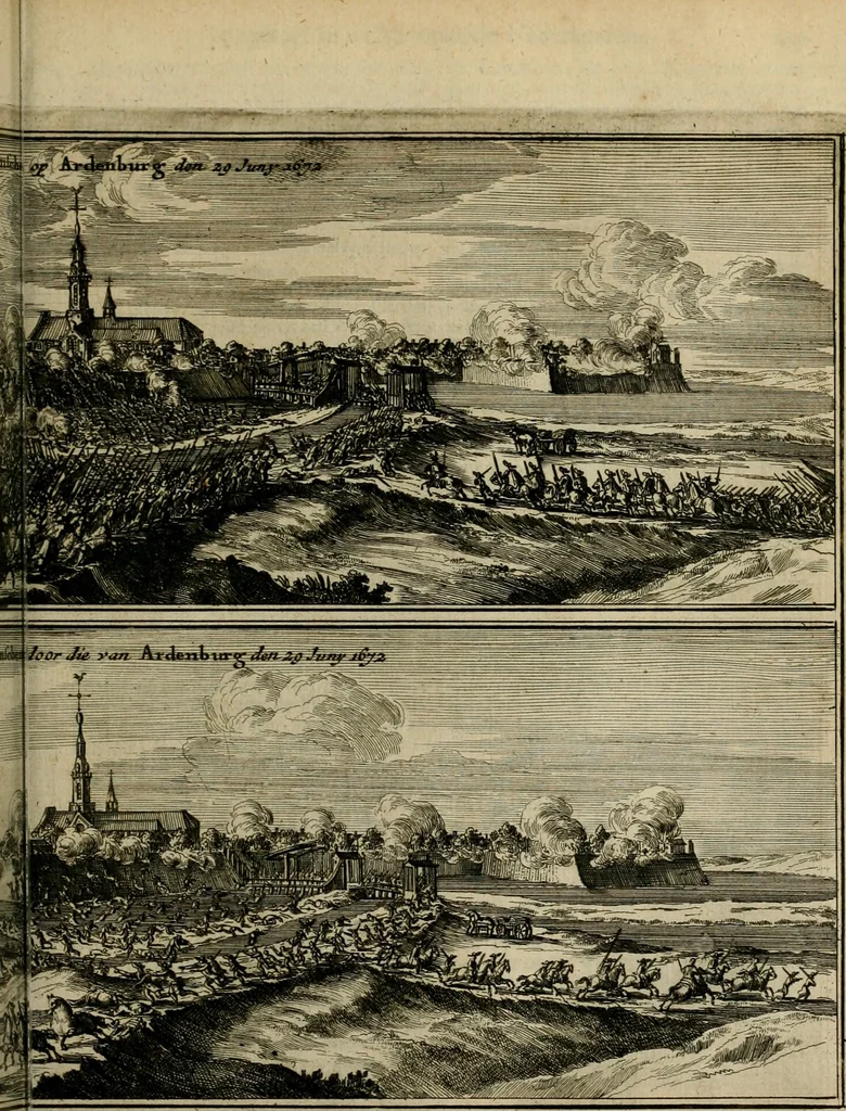 An illustration from Tooneel des oorlogs, opgerecht in de Vereenigde Nederlanden : door de wapenen van de koningen van Vrankryk en Engeland, Keulsche en Munstersche Bisschoppen : tegen de Staten der Vereenigde Nederlanden, en hare geallieerden ..., 1675, leaf 602