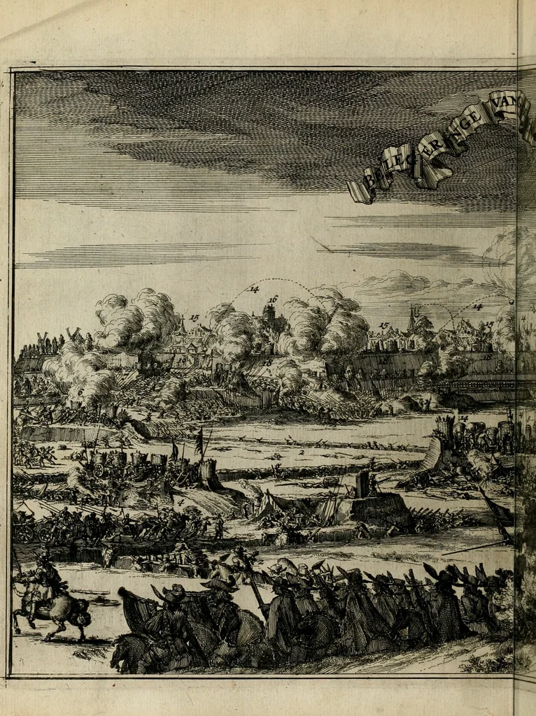 An illustration from Tooneel des oorlogs, opgerecht in de Vereenigde Nederlanden : door de wapenen van de koningen van Vrankryk en Engeland, Keulsche en Munstersche Bisschoppen : tegen de Staten der Vereenigde Nederlanden, en hare geallieerden ..., 1675, leaf 625