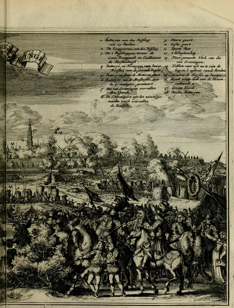 An illustration from Tooneel des oorlogs, opgerecht in de Vereenigde Nederlanden : door de wapenen van de koningen van Vrankryk en Engeland, Keulsche en Munstersche Bisschoppen : tegen de Staten der Vereenigde Nederlanden, en hare geallieerden ..., 1675, leaf 626