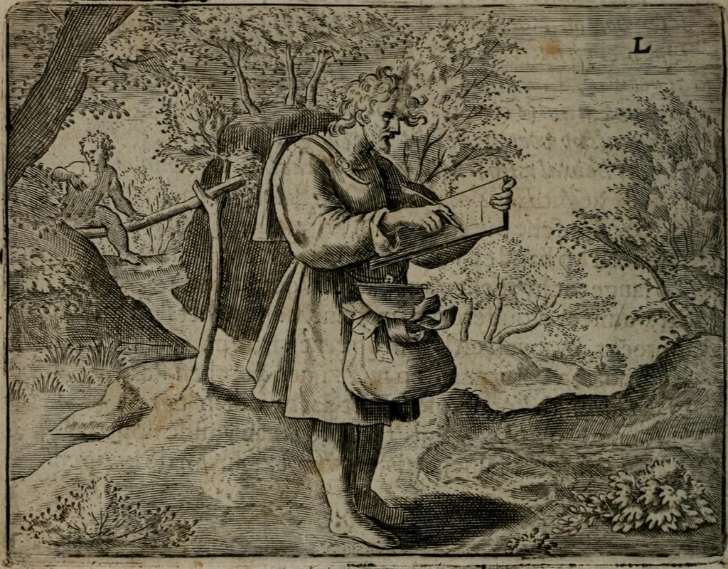 An illustration from Toonneel des menschelikken levens : Of de vernieuwde gulden winkel ; waer in door poëtische, historische, morale, en schriftuurlikke leeringen, den mensche vertoont werdt, hoedanigh hy zijn leven, handel, en wandel, zediglik, eerbaarlik en vermakelik fal overbrengen, 1661, leaf 101
