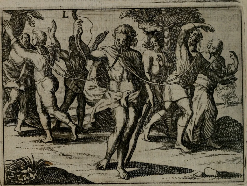 An illustration from Toonneel des menschelikken levens : Of de vernieuwde gulden winkel ; waer in door poëtische, historische, morale, en schriftuurlikke leeringen, den mensche vertoont werdt, hoedanigh hy zijn leven, handel, en wandel, zediglik, eerbaarlik en vermakelik fal overbrengen, 1661, leaf 103