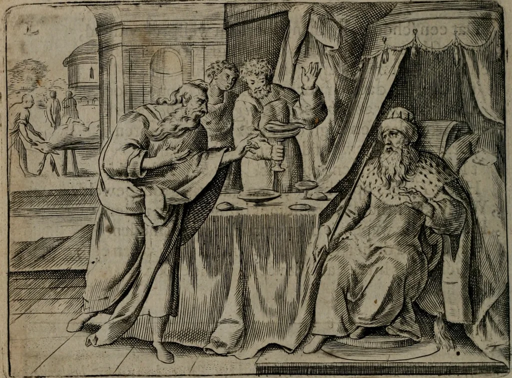 An illustration from Toonneel des menschelikken levens : Of de vernieuwde gulden winkel ; waer in door poëtische, historische, morale, en schriftuurlikke leeringen, den mensche vertoont werdt, hoedanigh hy zijn leven, handel, en wandel, zediglik, eerbaarlik en vermakelik fal overbrengen, 1661, leaf 105