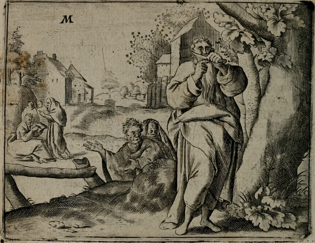 An illustration from Toonneel des menschelikken levens : Of de vernieuwde gulden winkel ; waer in door poëtische, historische, morale, en schriftuurlikke leeringen, den mensche vertoont werdt, hoedanigh hy zijn leven, handel, en wandel, zediglik, eerbaarlik en vermakelik fal overbrengen, 1661, leaf 107