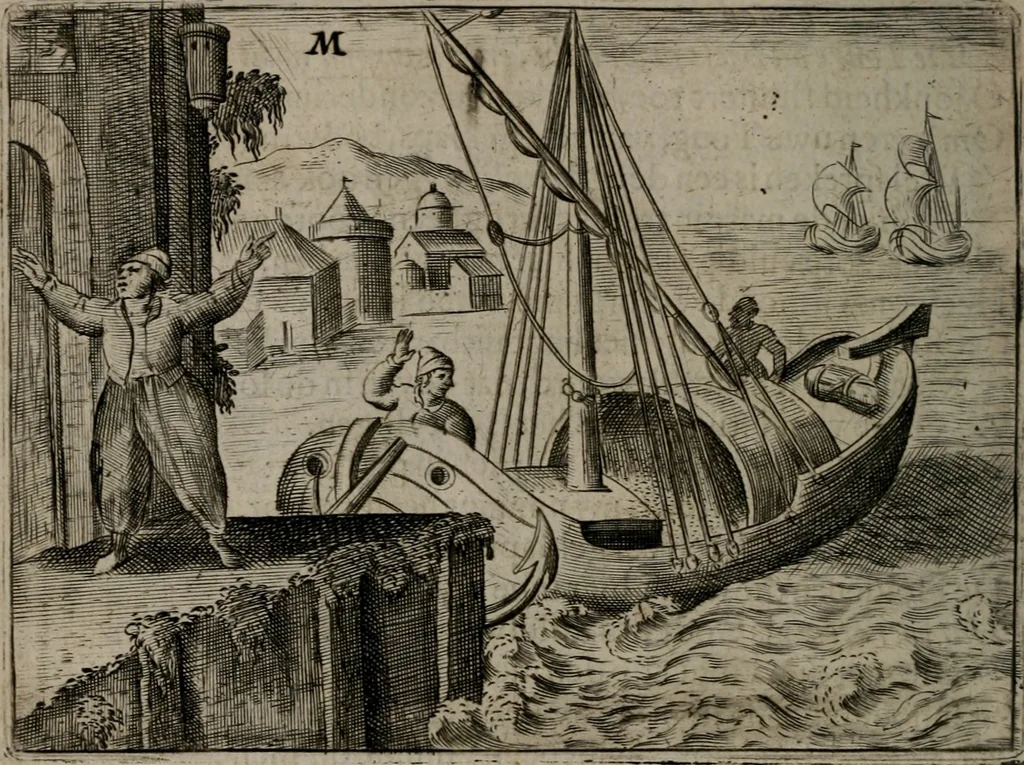 An illustration from Toonneel des menschelikken levens : Of de vernieuwde gulden winkel ; waer in door poëtische, historische, morale, en schriftuurlikke leeringen, den mensche vertoont werdt, hoedanigh hy zijn leven, handel, en wandel, zediglik, eerbaarlik en vermakelik fal overbrengen, 1661, leaf 109