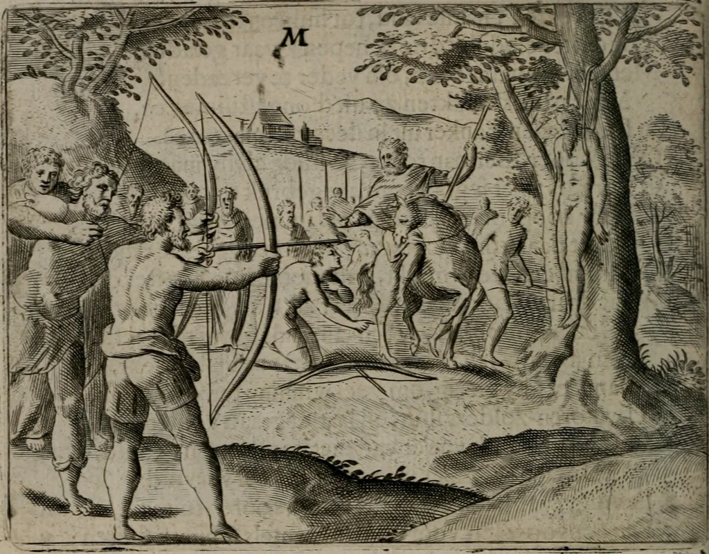 An illustration from Toonneel des menschelikken levens : Of de vernieuwde gulden winkel ; waer in door poëtische, historische, morale, en schriftuurlikke leeringen, den mensche vertoont werdt, hoedanigh hy zijn leven, handel, en wandel, zediglik, eerbaarlik en vermakelik fal overbrengen, 1661, leaf 111