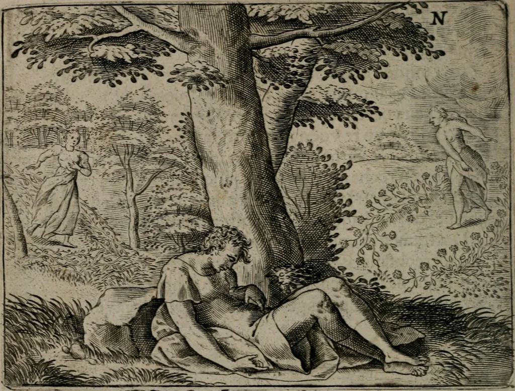 An illustration from Toonneel des menschelikken levens : Of de vernieuwde gulden winkel ; waer in door poëtische, historische, morale, en schriftuurlikke leeringen, den mensche vertoont werdt, hoedanigh hy zijn leven, handel, en wandel, zediglik, eerbaarlik en vermakelik fal overbrengen, 1661, leaf 115