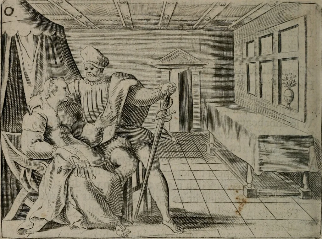 An illustration from Toonneel des menschelikken levens : Of de vernieuwde gulden winkel ; waer in door poëtische, historische, morale, en schriftuurlikke leeringen, den mensche vertoont werdt, hoedanigh hy zijn leven, handel, en wandel, zediglik, eerbaarlik en vermakelik fal overbrengen, 1661, leaf 125
