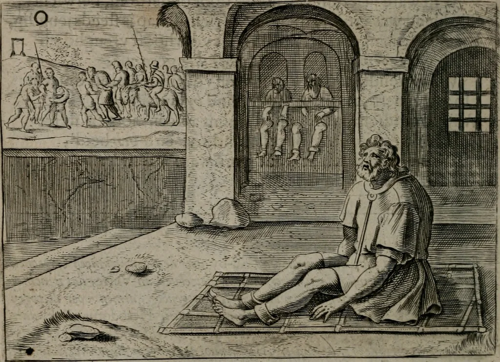 An illustration from Toonneel des menschelikken levens : Of de vernieuwde gulden winkel ; waer in door poëtische, historische, morale, en schriftuurlikke leeringen, den mensche vertoont werdt, hoedanigh hy zijn leven, handel, en wandel, zediglik, eerbaarlik en vermakelik fal overbrengen, 1661, leaf 129
