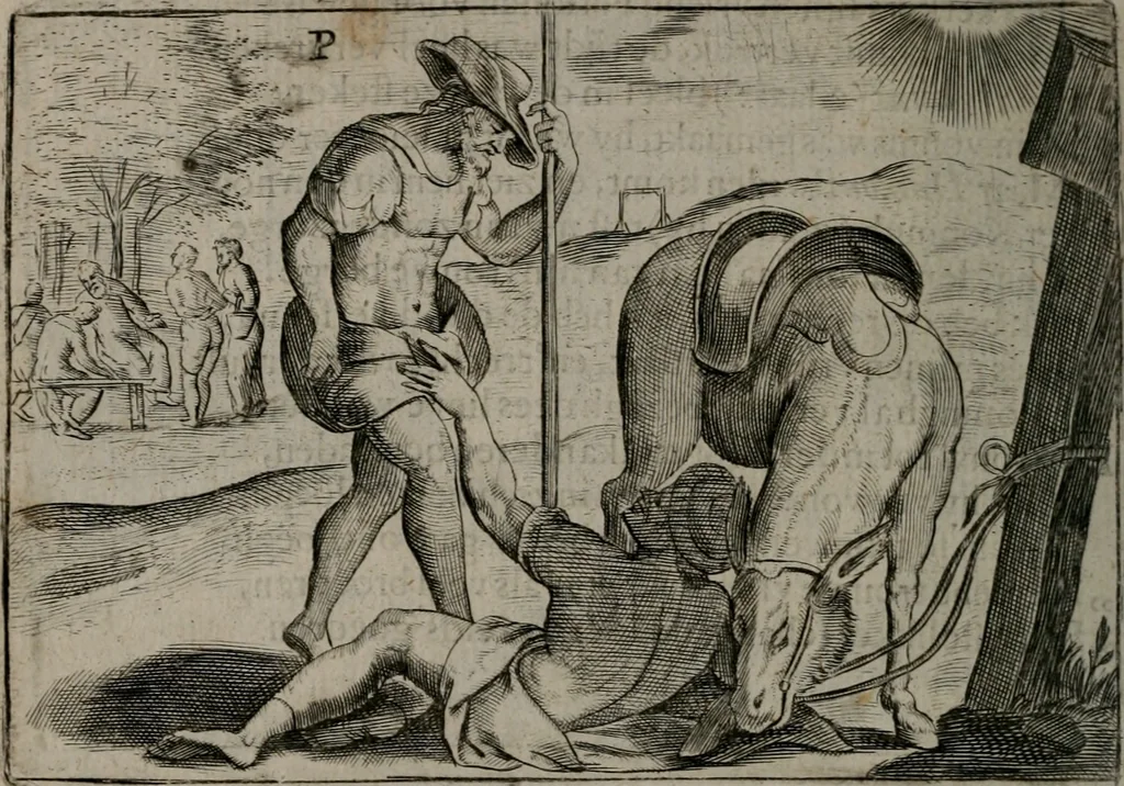 An illustration from Toonneel des menschelikken levens : Of de vernieuwde gulden winkel ; waer in door poëtische, historische, morale, en schriftuurlikke leeringen, den mensche vertoont werdt, hoedanigh hy zijn leven, handel, en wandel, zediglik, eerbaarlik en vermakelik fal overbrengen, 1661, leaf 131