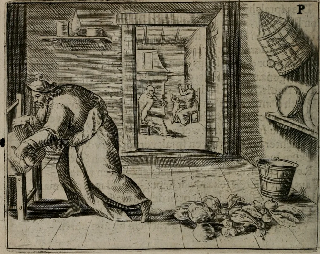 An illustration from Toonneel des menschelikken levens : Of de vernieuwde gulden winkel ; waer in door poëtische, historische, morale, en schriftuurlikke leeringen, den mensche vertoont werdt, hoedanigh hy zijn leven, handel, en wandel, zediglik, eerbaarlik en vermakelik fal overbrengen, 1661, leaf 133