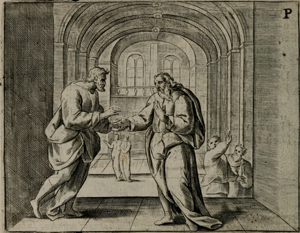 An illustration from Toonneel des menschelikken levens : Of de vernieuwde gulden winkel ; waer in door poëtische, historische, morale, en schriftuurlikke leeringen, den mensche vertoont werdt, hoedanigh hy zijn leven, handel, en wandel, zediglik, eerbaarlik en vermakelik fal overbrengen, 1661, leaf 135