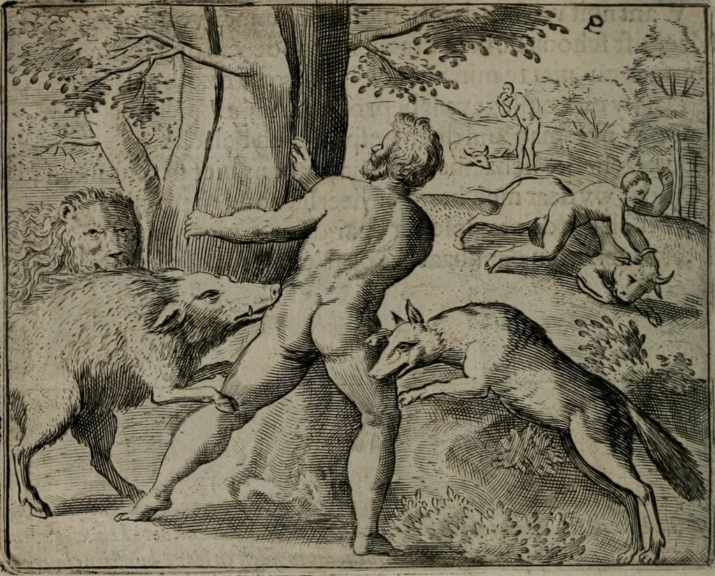 An illustration from Toonneel des menschelikken levens : Of de vernieuwde gulden winkel ; waer in door poëtische, historische, morale, en schriftuurlikke leeringen, den mensche vertoont werdt, hoedanigh hy zijn leven, handel, en wandel, zediglik, eerbaarlik en vermakelik fal overbrengen, 1661, leaf 139