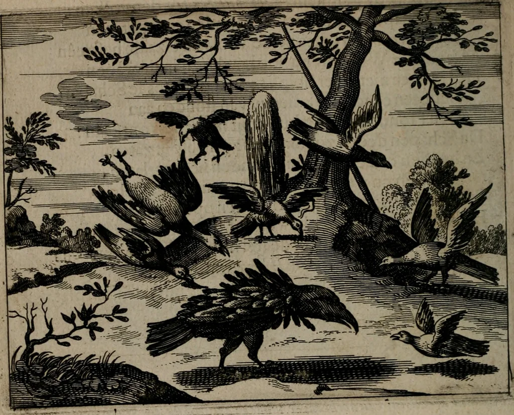 An illustration from Toonneel des menschelikken levens : Of de vernieuwde gulden winkel ; waer in door poëtische, historische, morale, en schriftuurlikke leeringen, den mensche vertoont werdt, hoedanigh hy zijn leven, handel, en wandel, zediglik, eerbaarlik en vermakelik fal overbrengen, 1661, leaf 153