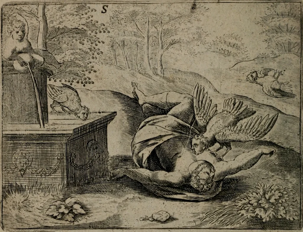 An illustration from Toonneel des menschelikken levens : Of de vernieuwde gulden winkel ; waer in door poëtische, historische, morale, en schriftuurlikke leeringen, den mensche vertoont werdt, hoedanigh hy zijn leven, handel, en wandel, zediglik, eerbaarlik en vermakelik fal overbrengen, 1661, leaf 155