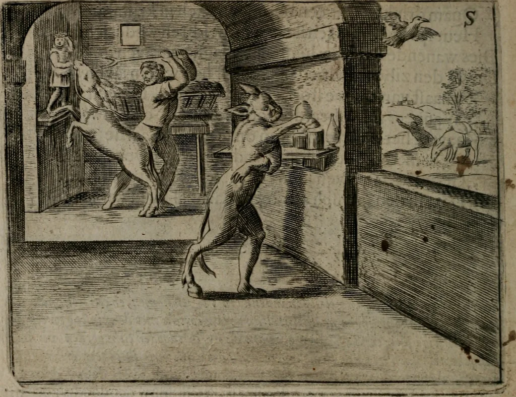 An illustration from Toonneel des menschelikken levens : Of de vernieuwde gulden winkel ; waer in door poëtische, historische, morale, en schriftuurlikke leeringen, den mensche vertoont werdt, hoedanigh hy zijn leven, handel, en wandel, zediglik, eerbaarlik en vermakelik fal overbrengen, 1661, leaf 157
