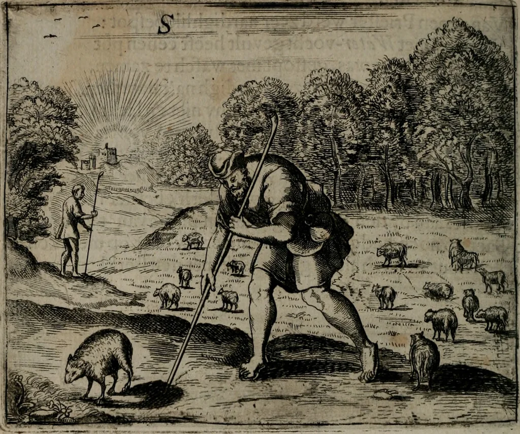 An illustration from Toonneel des menschelikken levens : Of de vernieuwde gulden winkel ; waer in door poëtische, historische, morale, en schriftuurlikke leeringen, den mensche vertoont werdt, hoedanigh hy zijn leven, handel, en wandel, zediglik, eerbaarlik en vermakelik fal overbrengen, 1661, leaf 163