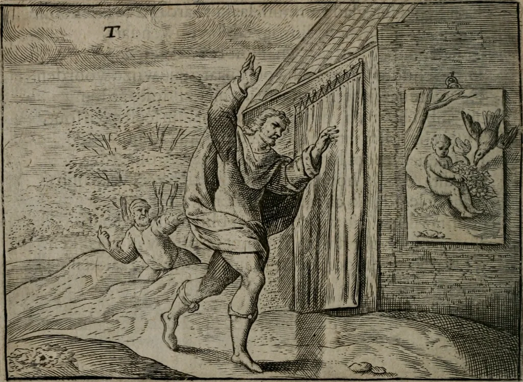 An illustration from Toonneel des menschelikken levens : Of de vernieuwde gulden winkel ; waer in door poëtische, historische, morale, en schriftuurlikke leeringen, den mensche vertoont werdt, hoedanigh hy zijn leven, handel, en wandel, zediglik, eerbaarlik en vermakelik fal overbrengen, 1661, leaf 167