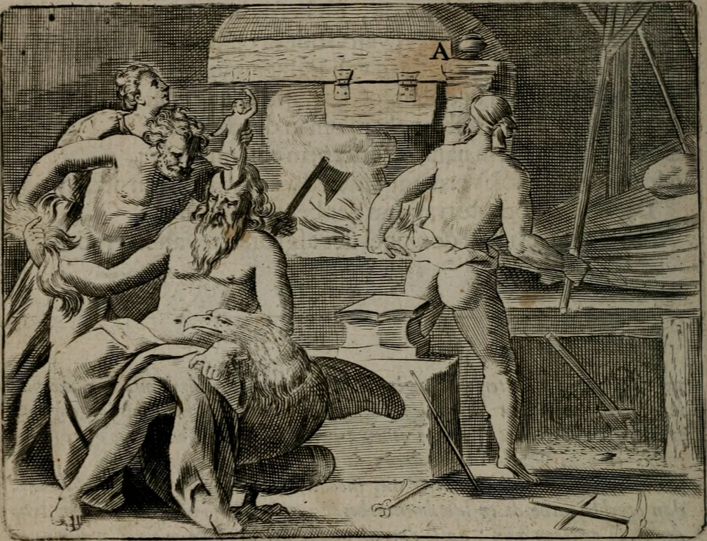 An illustration from Toonneel des menschelikken levens : Of de vernieuwde gulden winkel ; waer in door poëtische, historische, morale, en schriftuurlikke leeringen, den mensche vertoont werdt, hoedanigh hy zijn leven, handel, en wandel, zediglik, eerbaarlik en vermakelik fal overbrengen, 1661, leaf 27