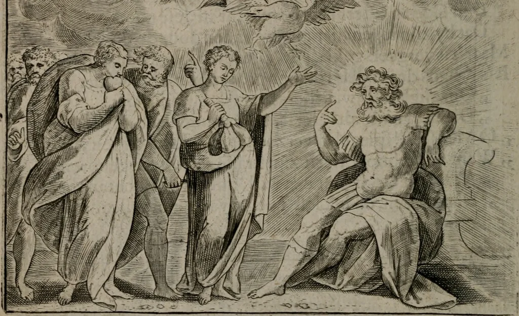 An illustration from Toonneel des menschelikken levens : Of de vernieuwde gulden winkel ; waer in door poëtische, historische, morale, en schriftuurlikke leeringen, den mensche vertoont werdt, hoedanigh hy zijn leven, handel, en wandel, zediglik, eerbaarlik en vermakelik fal overbrengen, 1661, leaf 31