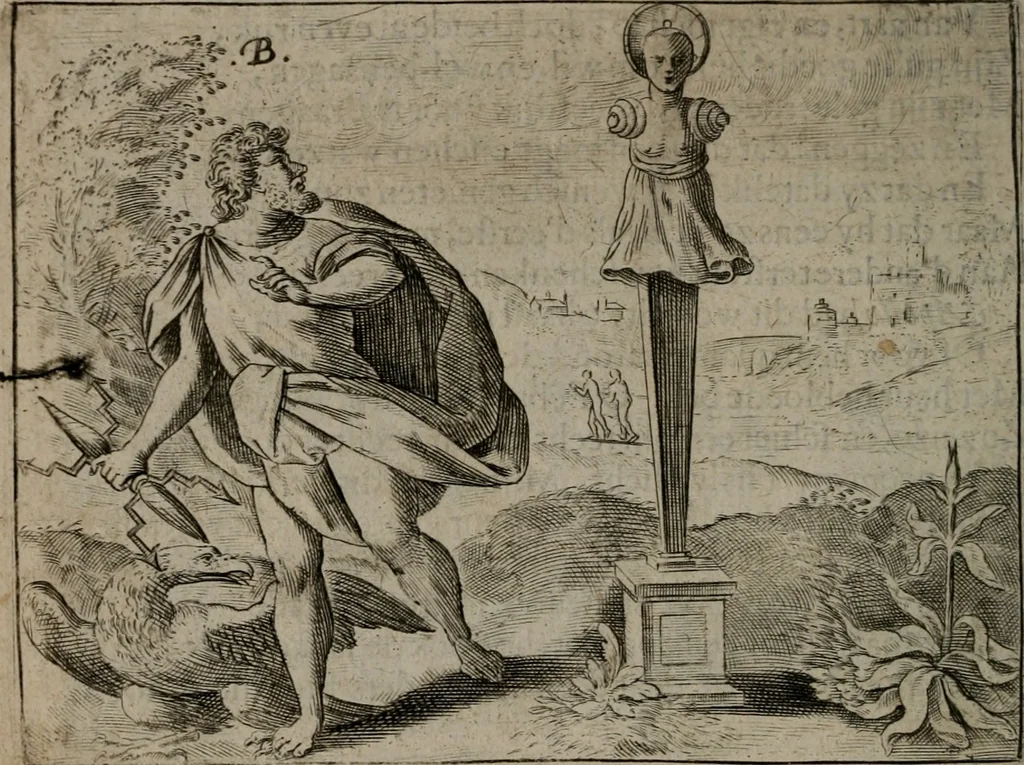 An illustration from Toonneel des menschelikken levens : Of de vernieuwde gulden winkel ; waer in door poëtische, historische, morale, en schriftuurlikke leeringen, den mensche vertoont werdt, hoedanigh hy zijn leven, handel, en wandel, zediglik, eerbaarlik en vermakelik fal overbrengen, 1661, leaf 33