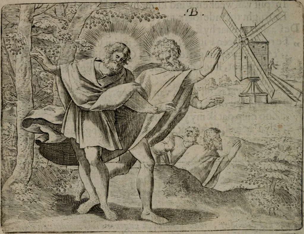 An illustration from Toonneel des menschelikken levens : Of de vernieuwde gulden winkel ; waer in door poëtische, historische, morale, en schriftuurlikke leeringen, den mensche vertoont werdt, hoedanigh hy zijn leven, handel, en wandel, zediglik, eerbaarlik en vermakelik fal overbrengen, 1661, leaf 35