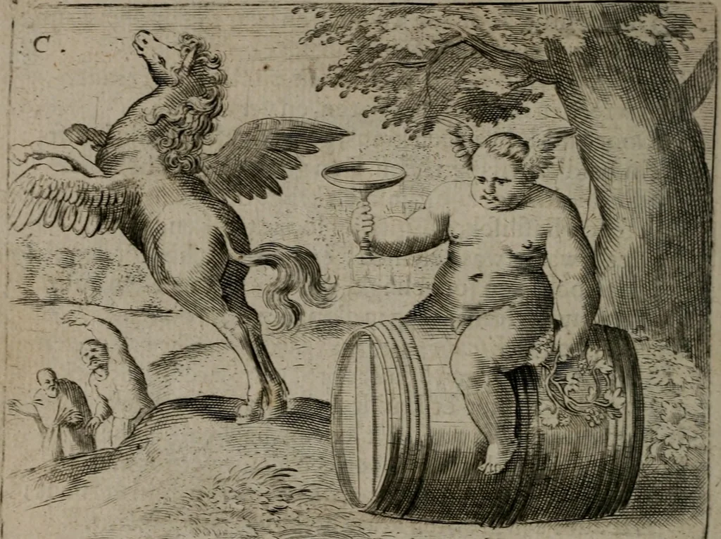 An illustration from Toonneel des menschelikken levens : Of de vernieuwde gulden winkel ; waer in door poëtische, historische, morale, en schriftuurlikke leeringen, den mensche vertoont werdt, hoedanigh hy zijn leven, handel, en wandel, zediglik, eerbaarlik en vermakelik fal overbrengen, 1661, leaf 39