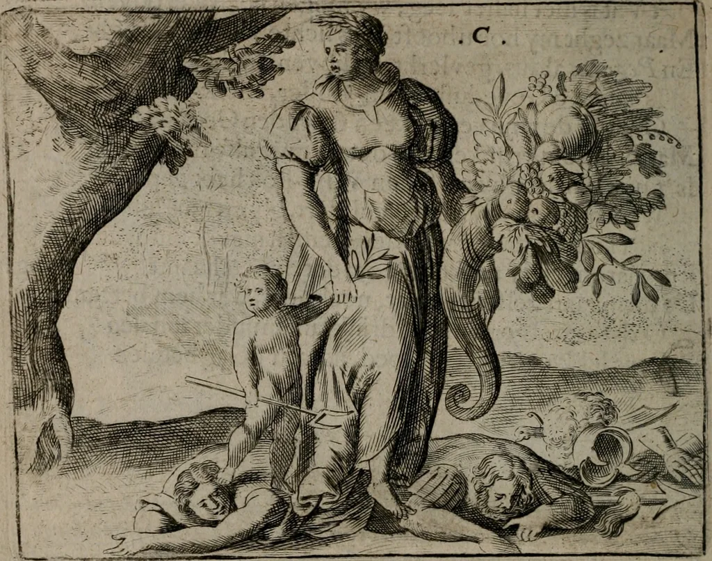 An illustration from Toonneel des menschelikken levens : Of de vernieuwde gulden winkel ; waer in door poëtische, historische, morale, en schriftuurlikke leeringen, den mensche vertoont werdt, hoedanigh hy zijn leven, handel, en wandel, zediglik, eerbaarlik en vermakelik fal overbrengen, 1661, leaf 41