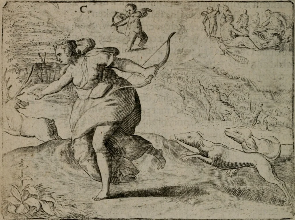 An illustration from Toonneel des menschelikken levens : Of de vernieuwde gulden winkel ; waer in door poëtische, historische, morale, en schriftuurlikke leeringen, den mensche vertoont werdt, hoedanigh hy zijn leven, handel, en wandel, zediglik, eerbaarlik en vermakelik fal overbrengen, 1661, leaf 43