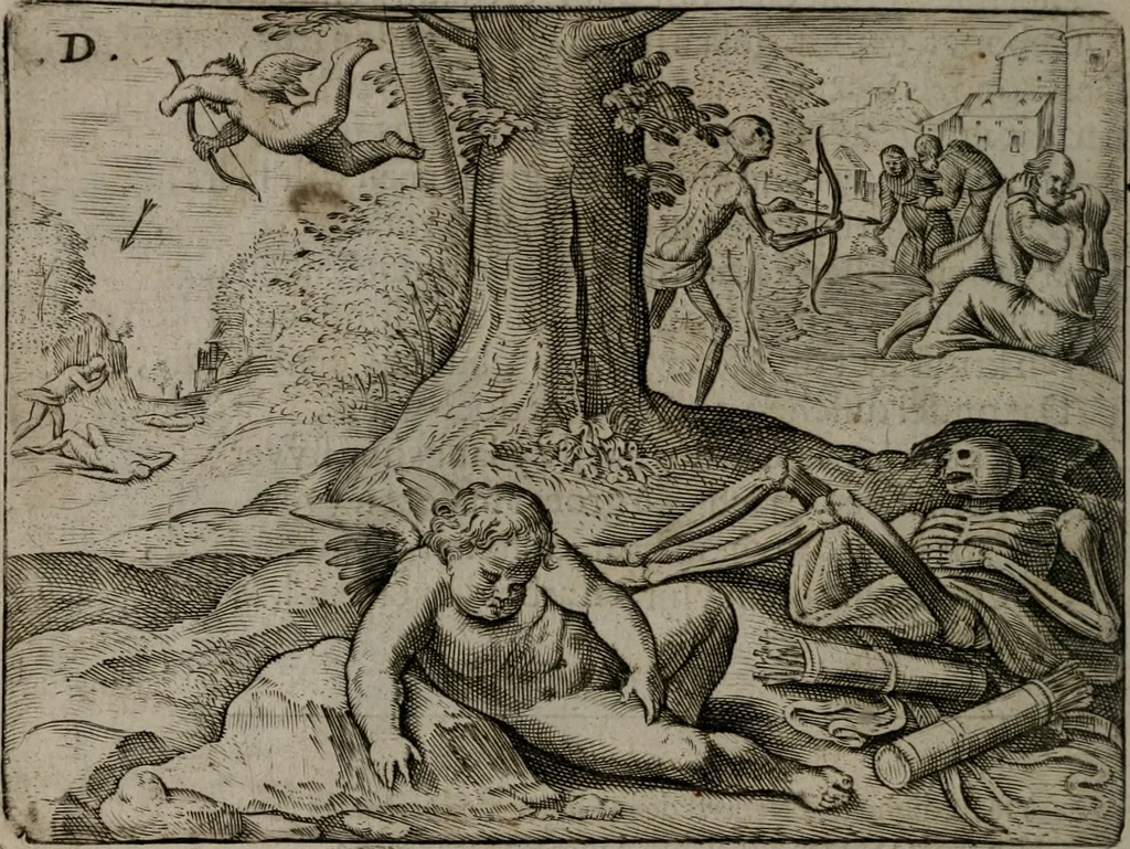 An illustration from Toonneel des menschelikken levens : Of de vernieuwde gulden winkel ; waer in door poëtische, historische, morale, en schriftuurlikke leeringen, den mensche vertoont werdt, hoedanigh hy zijn leven, handel, en wandel, zediglik, eerbaarlik en vermakelik fal overbrengen, 1661, leaf 45