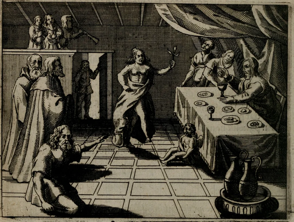 An illustration from Toonneel des menschelikken levens : Of de vernieuwde gulden winkel ; waer in door poëtische, historische, morale, en schriftuurlikke leeringen, den mensche vertoont werdt, hoedanigh hy zijn leven, handel, en wandel, zediglik, eerbaarlik en vermakelik fal overbrengen, 1661, leaf 47