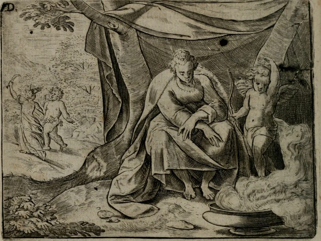 An illustration from Toonneel des menschelikken levens : Of de vernieuwde gulden winkel ; waer in door poëtische, historische, morale, en schriftuurlikke leeringen, den mensche vertoont werdt, hoedanigh hy zijn leven, handel, en wandel, zediglik, eerbaarlik en vermakelik fal overbrengen, 1661, leaf 49