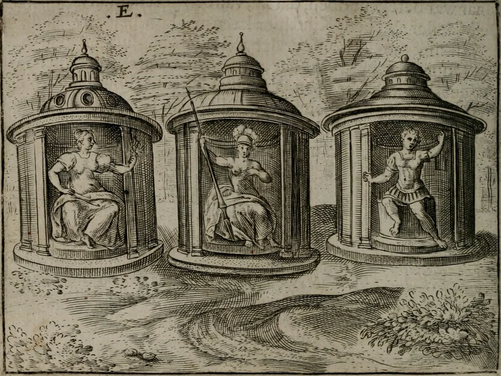 An illustration from Toonneel des menschelikken levens : Of de vernieuwde gulden winkel ; waer in door poëtische, historische, morale, en schriftuurlikke leeringen, den mensche vertoont werdt, hoedanigh hy zijn leven, handel, en wandel, zediglik, eerbaarlik en vermakelik fal overbrengen, 1661, leaf 51