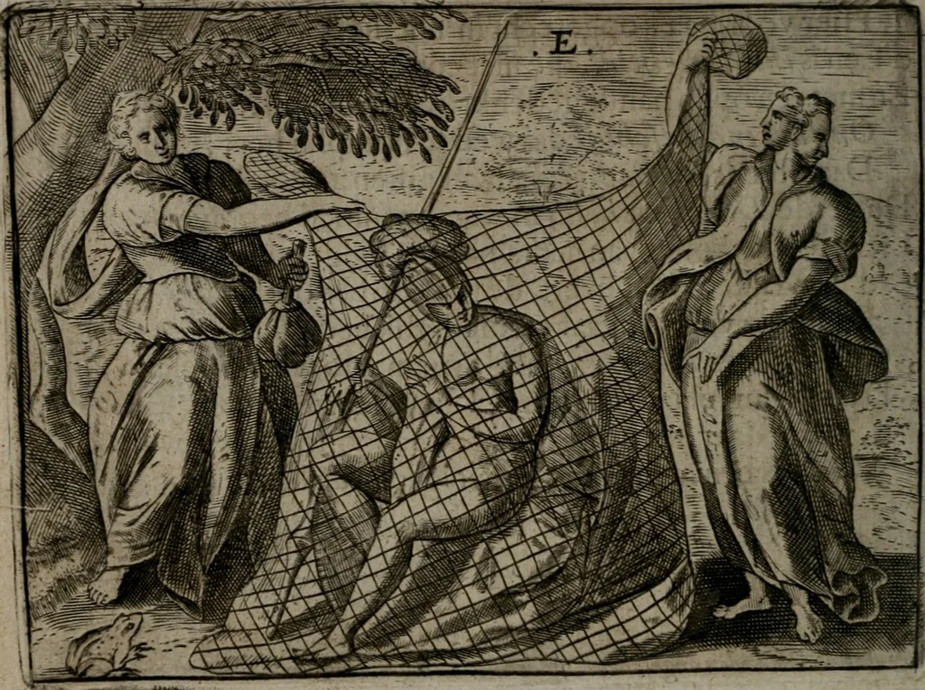An illustration from Toonneel des menschelikken levens : Of de vernieuwde gulden winkel ; waer in door poëtische, historische, morale, en schriftuurlikke leeringen, den mensche vertoont werdt, hoedanigh hy zijn leven, handel, en wandel, zediglik, eerbaarlik en vermakelik fal overbrengen, 1661, leaf 57