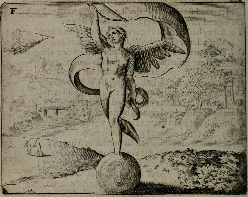 An illustration from Toonneel des menschelikken levens : Of de vernieuwde gulden winkel ; waer in door poëtische, historische, morale, en schriftuurlikke leeringen, den mensche vertoont werdt, hoedanigh hy zijn leven, handel, en wandel, zediglik, eerbaarlik en vermakelik fal overbrengen, 1661, leaf 59