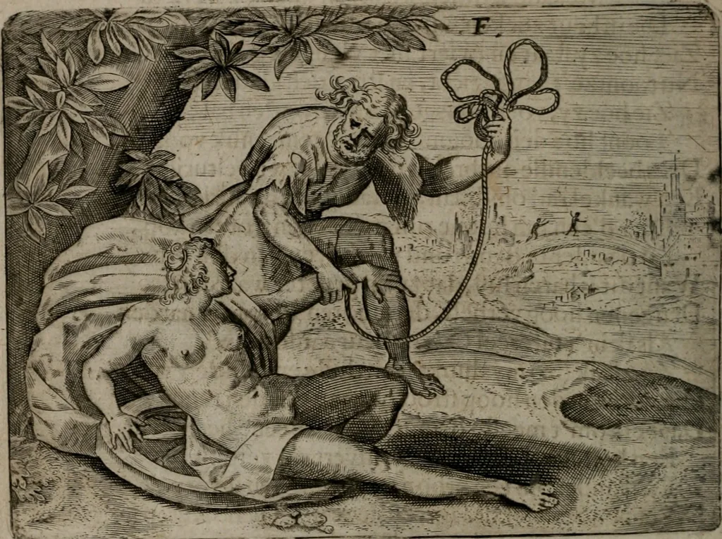An illustration from Toonneel des menschelikken levens : Of de vernieuwde gulden winkel ; waer in door poëtische, historische, morale, en schriftuurlikke leeringen, den mensche vertoont werdt, hoedanigh hy zijn leven, handel, en wandel, zediglik, eerbaarlik en vermakelik fal overbrengen, 1661, leaf 61
