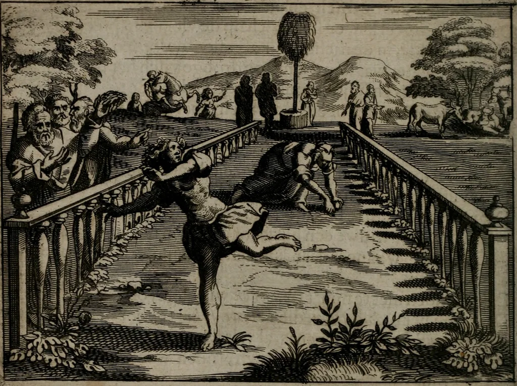 An illustration from Toonneel des menschelikken levens : Of de vernieuwde gulden winkel ; waer in door poëtische, historische, morale, en schriftuurlikke leeringen, den mensche vertoont werdt, hoedanigh hy zijn leven, handel, en wandel, zediglik, eerbaarlik en vermakelik fal overbrengen, 1661, leaf 63