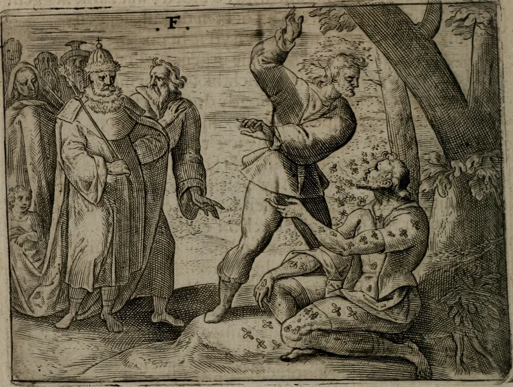An illustration from Toonneel des menschelikken levens : Of de vernieuwde gulden winkel ; waer in door poëtische, historische, morale, en schriftuurlikke leeringen, den mensche vertoont werdt, hoedanigh hy zijn leven, handel, en wandel, zediglik, eerbaarlik en vermakelik fal overbrengen, 1661, leaf 65