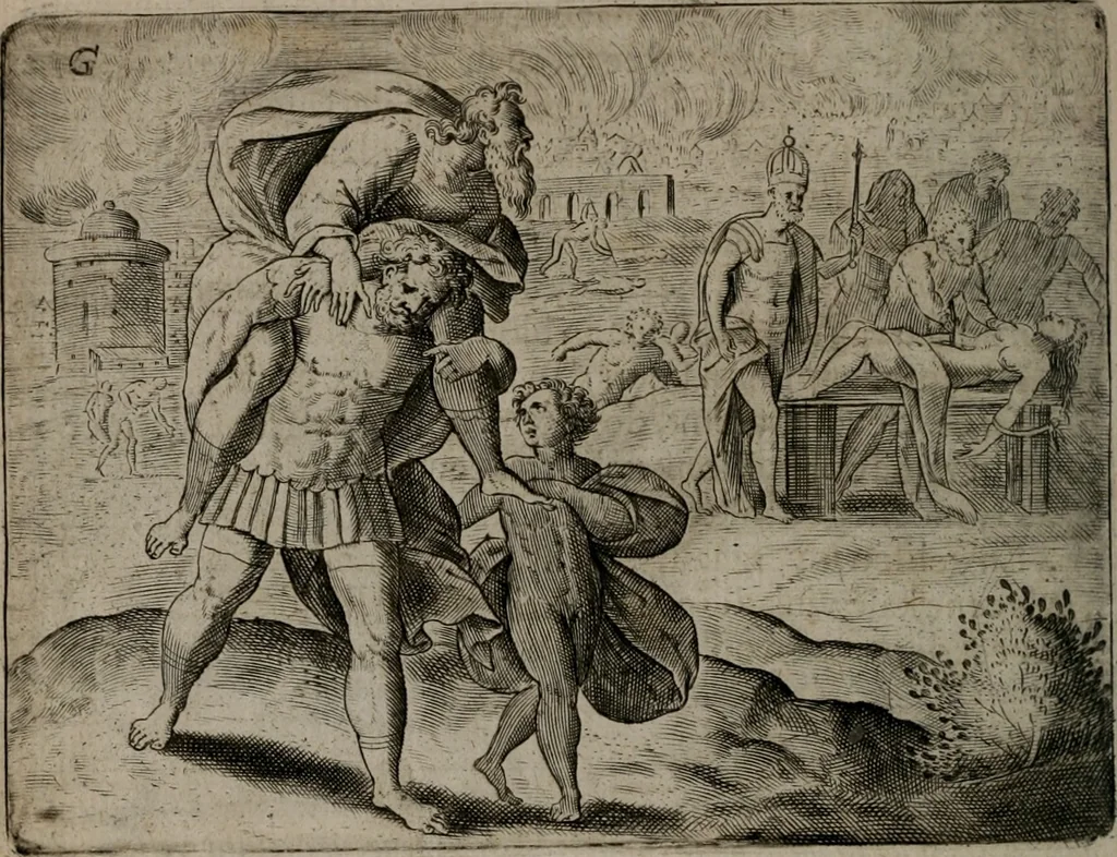 An illustration from Toonneel des menschelikken levens : Of de vernieuwde gulden winkel ; waer in door poëtische, historische, morale, en schriftuurlikke leeringen, den mensche vertoont werdt, hoedanigh hy zijn leven, handel, en wandel, zediglik, eerbaarlik en vermakelik fal overbrengen, 1661, leaf 67