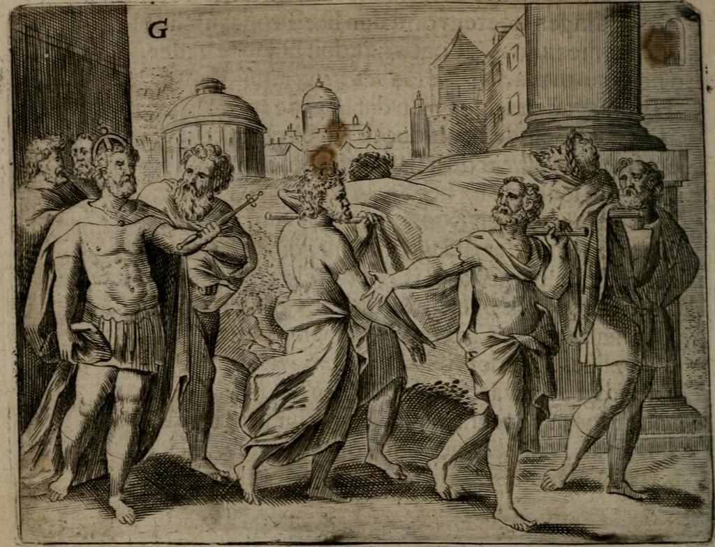 An illustration from Toonneel des menschelikken levens : Of de vernieuwde gulden winkel ; waer in door poëtische, historische, morale, en schriftuurlikke leeringen, den mensche vertoont werdt, hoedanigh hy zijn leven, handel, en wandel, zediglik, eerbaarlik en vermakelik fal overbrengen, 1661, leaf 69
