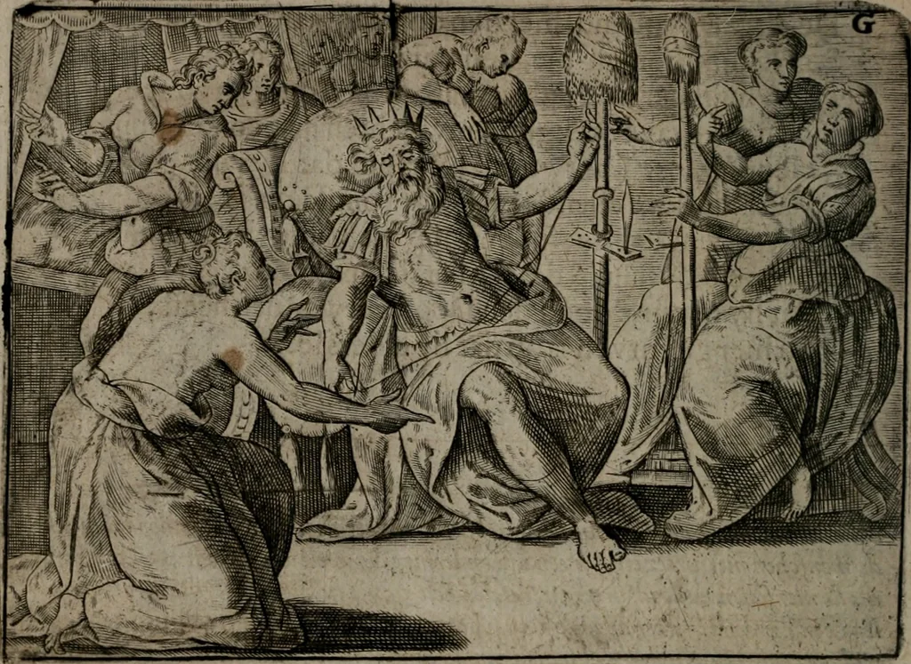 An illustration from Toonneel des menschelikken levens : Of de vernieuwde gulden winkel ; waer in door poëtische, historische, morale, en schriftuurlikke leeringen, den mensche vertoont werdt, hoedanigh hy zijn leven, handel, en wandel, zediglik, eerbaarlik en vermakelik fal overbrengen, 1661, leaf 71