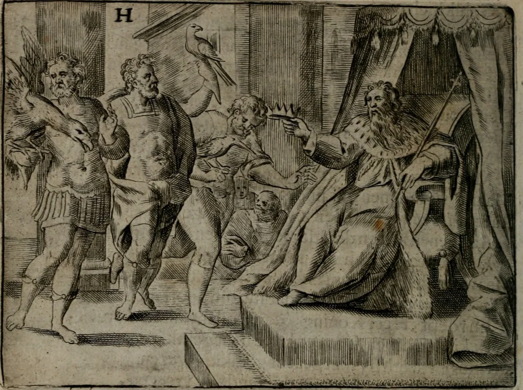 An illustration from Toonneel des menschelikken levens : Of de vernieuwde gulden winkel ; waer in door poëtische, historische, morale, en schriftuurlikke leeringen, den mensche vertoont werdt, hoedanigh hy zijn leven, handel, en wandel, zediglik, eerbaarlik en vermakelik fal overbrengen, 1661, leaf 77