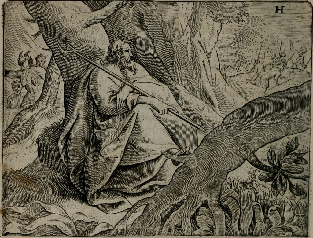 An illustration from Toonneel des menschelikken levens : Of de vernieuwde gulden winkel ; waer in door poëtische, historische, morale, en schriftuurlikke leeringen, den mensche vertoont werdt, hoedanigh hy zijn leven, handel, en wandel, zediglik, eerbaarlik en vermakelik fal overbrengen, 1661, leaf 79
