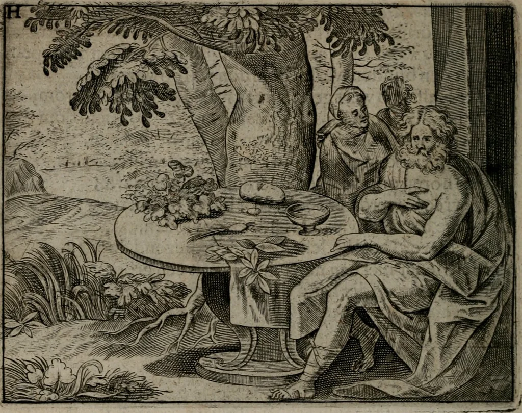 An illustration from Toonneel des menschelikken levens : Of de vernieuwde gulden winkel ; waer in door poëtische, historische, morale, en schriftuurlikke leeringen, den mensche vertoont werdt, hoedanigh hy zijn leven, handel, en wandel, zediglik, eerbaarlik en vermakelik fal overbrengen, 1661, leaf 81