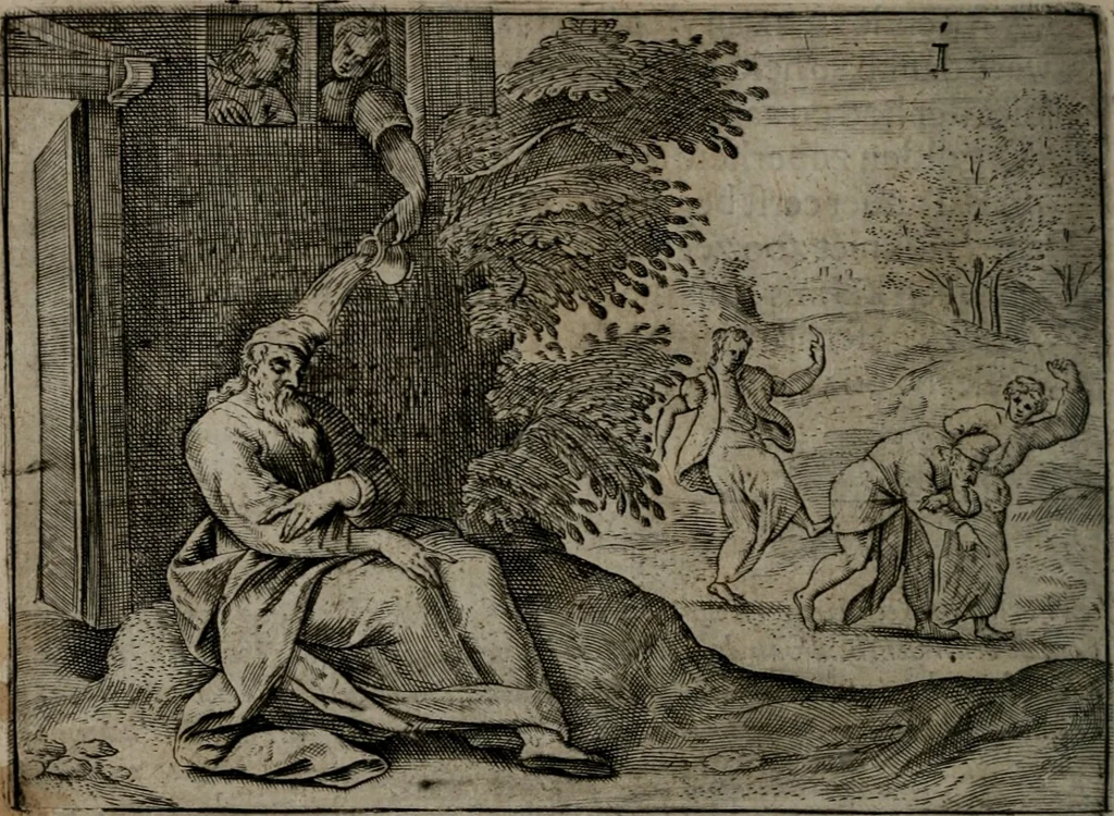 An illustration from Toonneel des menschelikken levens : Of de vernieuwde gulden winkel ; waer in door poëtische, historische, morale, en schriftuurlikke leeringen, den mensche vertoont werdt, hoedanigh hy zijn leven, handel, en wandel, zediglik, eerbaarlik en vermakelik fal overbrengen, 1661, leaf 83