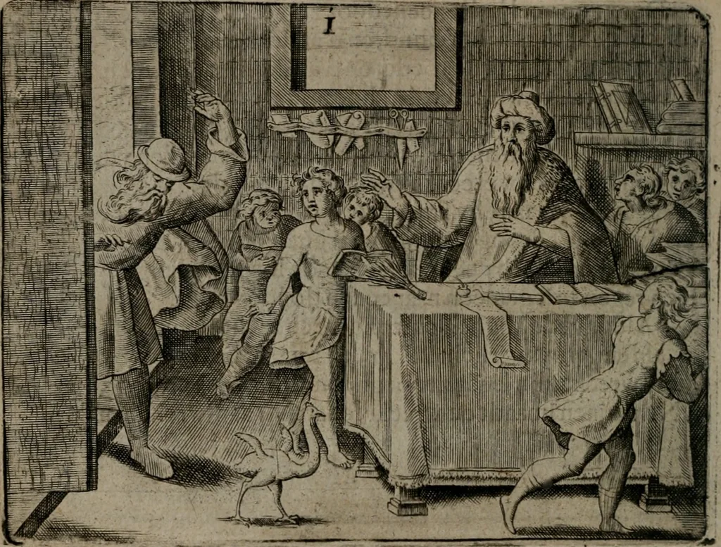 An illustration from Toonneel des menschelikken levens : Of de vernieuwde gulden winkel ; waer in door poëtische, historische, morale, en schriftuurlikke leeringen, den mensche vertoont werdt, hoedanigh hy zijn leven, handel, en wandel, zediglik, eerbaarlik en vermakelik fal overbrengen, 1661, leaf 85