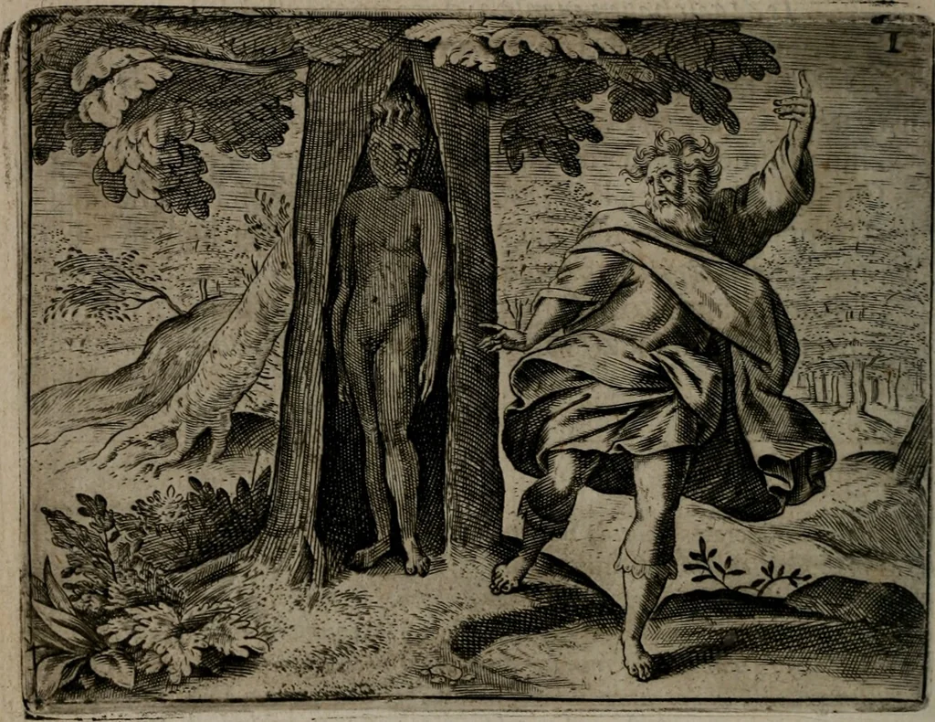 An illustration from Toonneel des menschelikken levens : Of de vernieuwde gulden winkel ; waer in door poëtische, historische, morale, en schriftuurlikke leeringen, den mensche vertoont werdt, hoedanigh hy zijn leven, handel, en wandel, zediglik, eerbaarlik en vermakelik fal overbrengen, 1661, leaf 87
