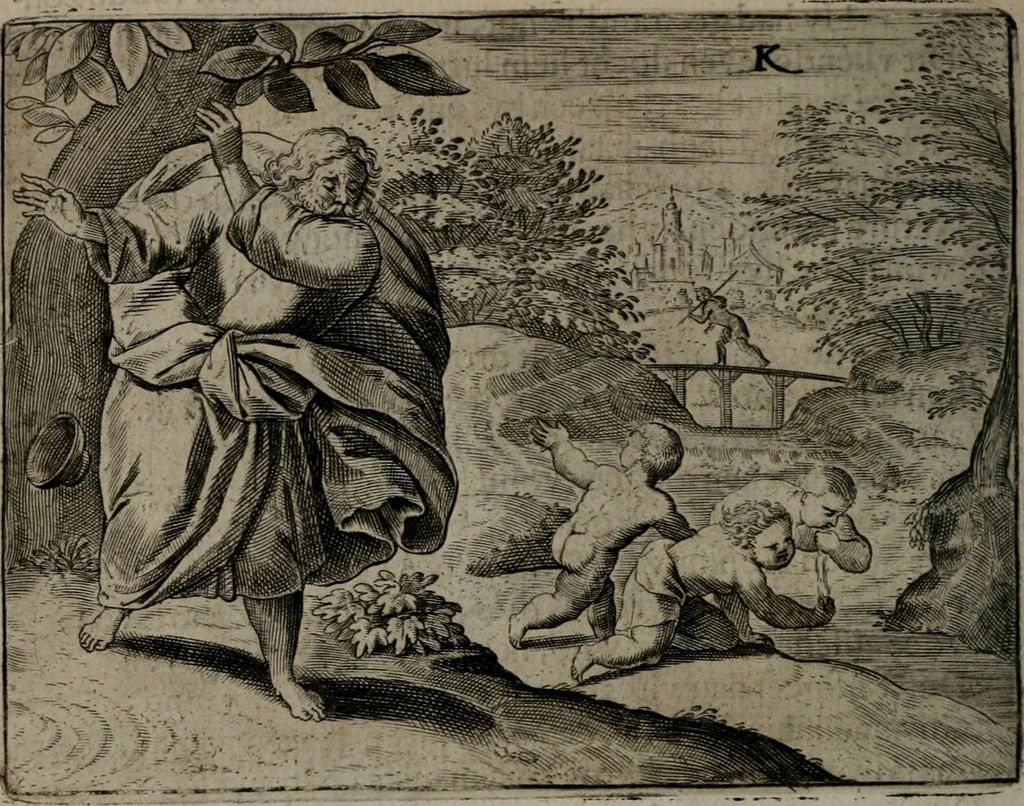An illustration from Toonneel des menschelikken levens : Of de vernieuwde gulden winkel ; waer in door poëtische, historische, morale, en schriftuurlikke leeringen, den mensche vertoont werdt, hoedanigh hy zijn leven, handel, en wandel, zediglik, eerbaarlik en vermakelik fal overbrengen, 1661, leaf 91