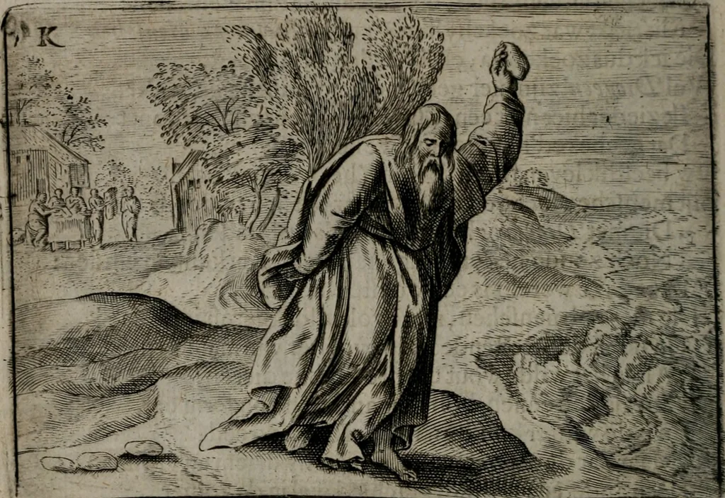 An illustration from Toonneel des menschelikken levens : Of de vernieuwde gulden winkel ; waer in door poëtische, historische, morale, en schriftuurlikke leeringen, den mensche vertoont werdt, hoedanigh hy zijn leven, handel, en wandel, zediglik, eerbaarlik en vermakelik fal overbrengen, 1661, leaf 95