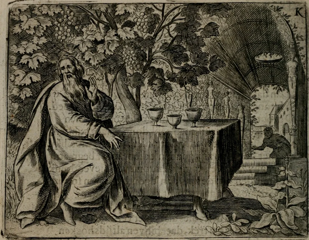 An illustration from Toonneel des menschelikken levens : Of de vernieuwde gulden winkel ; waer in door poëtische, historische, morale, en schriftuurlikke leeringen, den mensche vertoont werdt, hoedanigh hy zijn leven, handel, en wandel, zediglik, eerbaarlik en vermakelik fal overbrengen, 1661, leaf 97